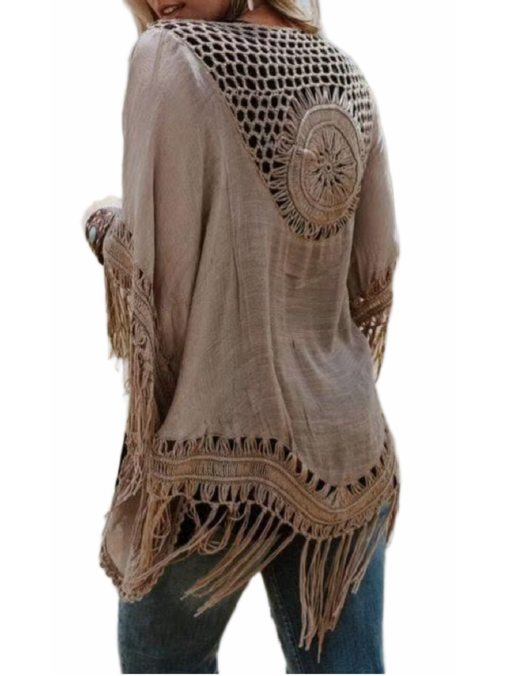 Women's Unbranded Macrame Crochet Fringe Kimono Mocha One Size